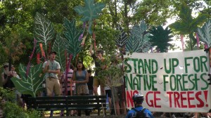 A multiracial group of people holding large fake leaves and shouting, next to a white banner with text that reads "stand up for native forests, no GE trees!"
