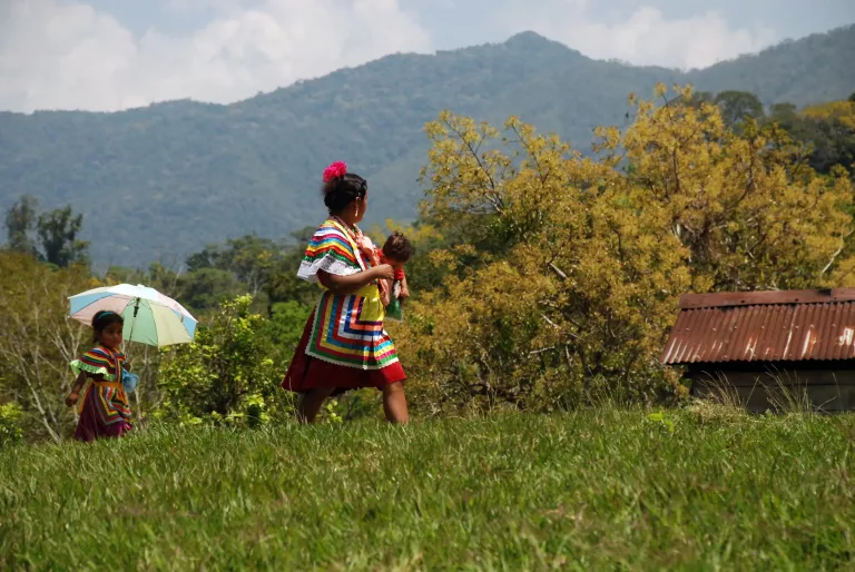 An Indigenous woman walking through grass and holding a baby. Her head is turned away from the camera, wearing a pink flower in her hair and a multi-colored dress. A child follows behind, holding an umbrella and wearing the same outfit
