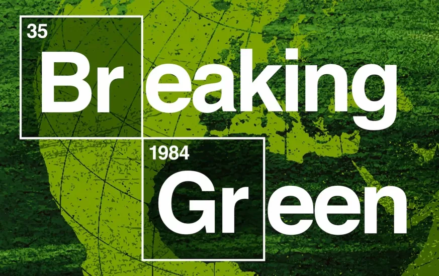 Breaking Green podcast cover, written to resemble the periodic table, over a background of an all green planet earth