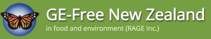 Logo for GE-Free New Zealand with the words “in food and environment (RAGE, Inc.),” featuring a green banner and a monarch butterfly in a blue circle