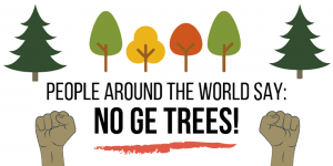 Black text on a white background stating people around the world say no GE trees, surrounded by two hand-drawn fists and six hand-drawn trees of various types