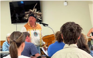 Tonawanda Seneca Nation Chief Roger Hill speaks out against STAMP at a public hearing on May 11, 2023.